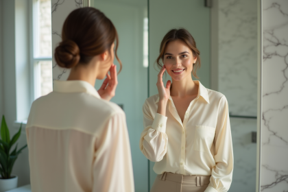 Femme contemplant son reflet dans un miroir de salle de bain moderne