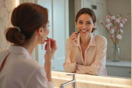 Femme d'âge moyen appliquant du rouge à lèvres dans une salle de bain élégante