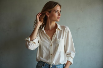 Femme en portrait naturel avec blouse en lin et jeans