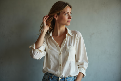 Femme en portrait naturel avec blouse en lin et jeans
