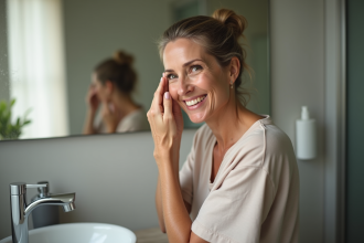 Femme d age moyenne se lavant le visage dans une salle de bain