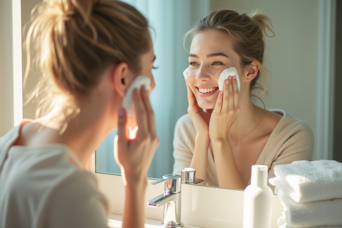 Jeune femme nettoyant son visage avec un nettoyant moussant