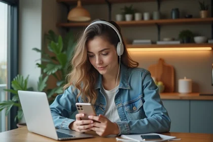 Femme en denim et headphones utilisant son smartphone