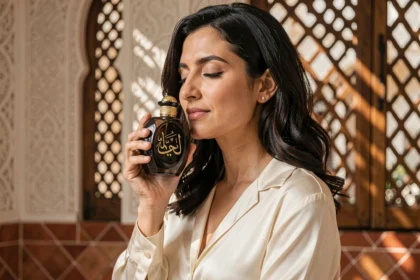 Femme tenant un flacon de parfum Abdul Samad dans un intérieur marocain élégant, évoquant les senteurs orientales