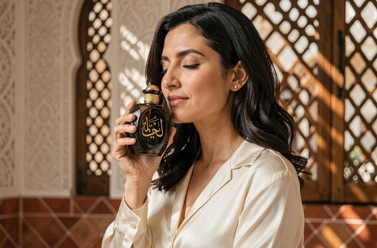 Femme tenant un flacon de parfum Abdul Samad dans un intérieur marocain élégant, évoquant les senteurs orientales