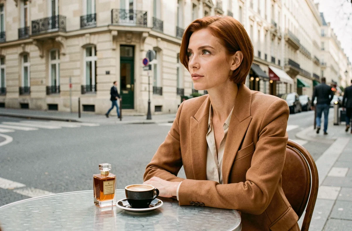 Femme assise en terrasse parisienne avec un flacon de parfum Abdul Samad posé sur la table de café