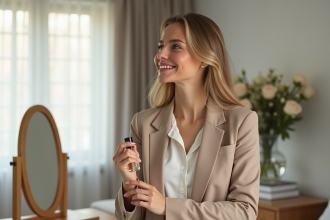 Femme confiante en blazer beige vaporisant du parfum