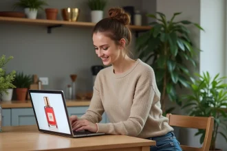 Femme souriante utilisant un ordinateur pour choisir des parfums à la maison