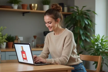 Femme souriante utilisant un ordinateur pour choisir des parfums &agrave; la maison