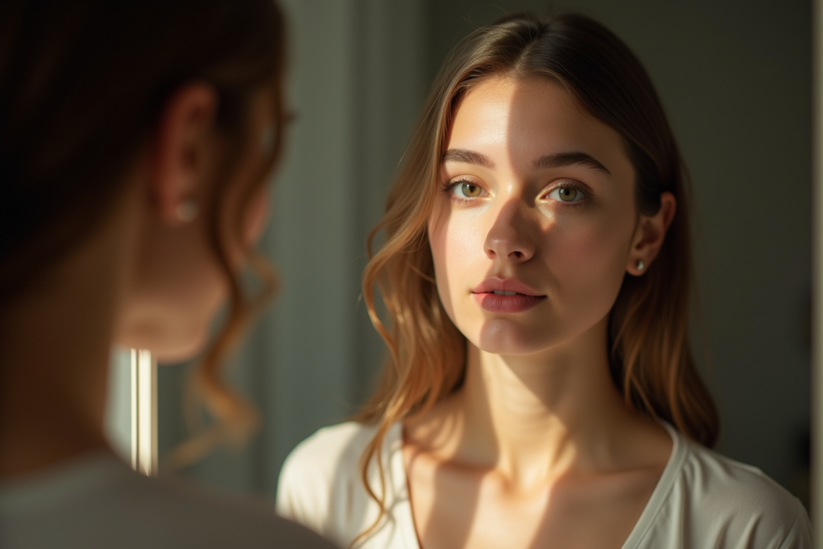 Jeune femme regardant son reflet dans un miroir en lumière naturelle