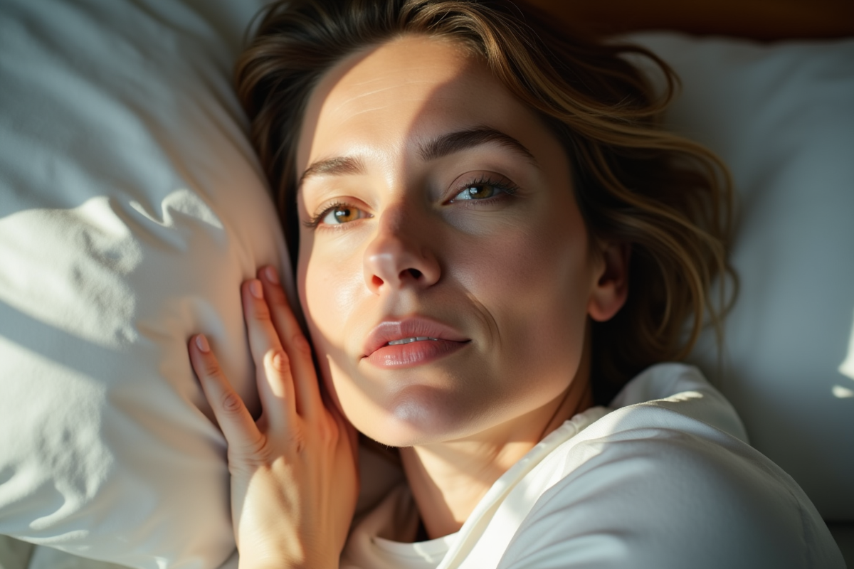 Femme se réveillant le matin avec lumière douce naturelle