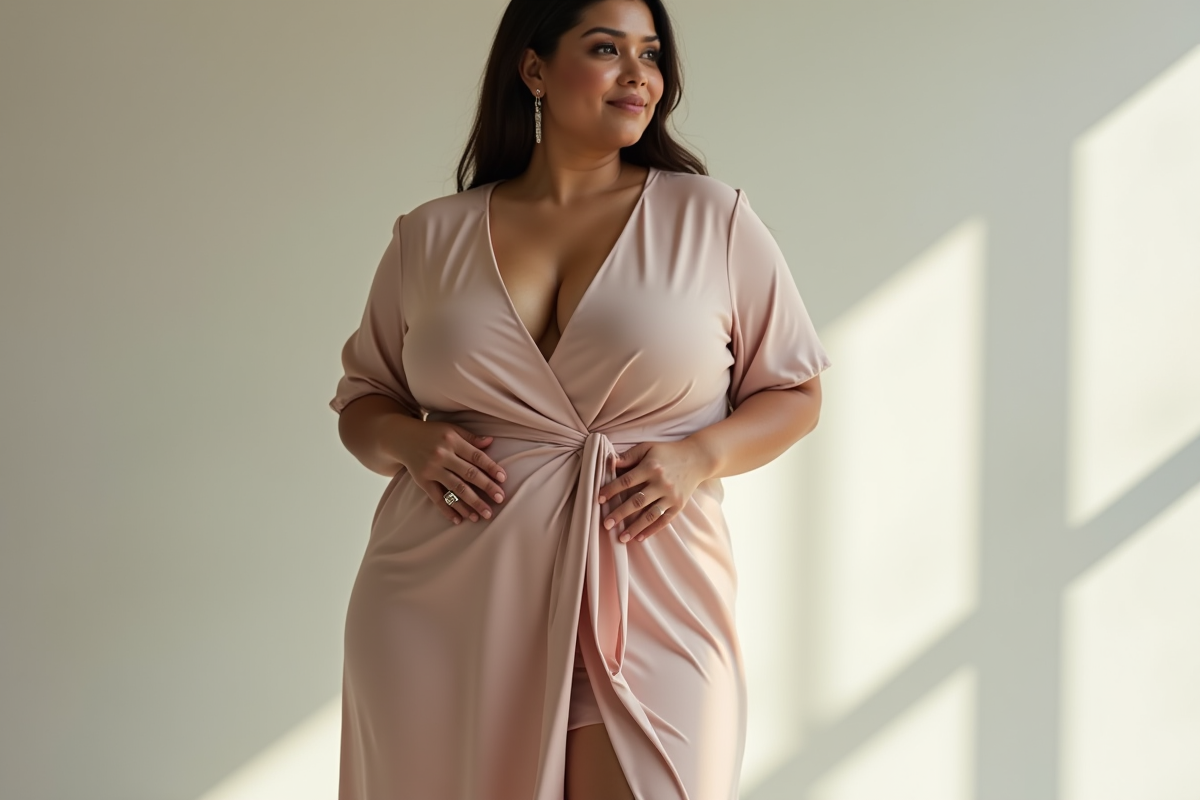 Femme en robe portefeuille dans un studio lumineux