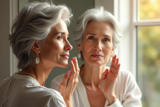 Femme senior appliquant une BB crème devant une fenêtre lumineuse