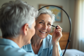 Femme de 60 ans appliquant du mascara dans un miroir
