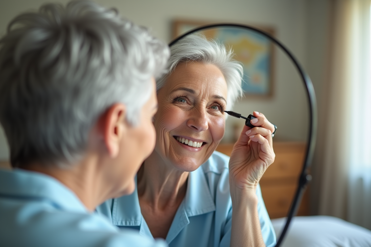 Femme de 60 ans appliquant du mascara dans un miroir