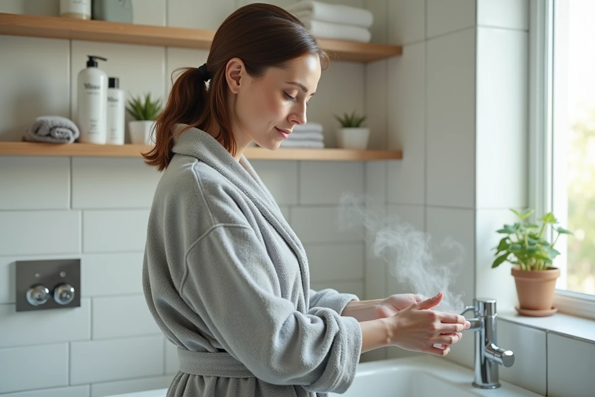 Femme se lavant les cheveux dans un bain moderne