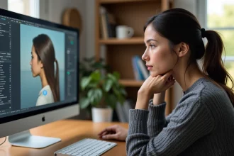 Femme utilisant un simulateur de coupe de cheveux en ligne sur un ordinateur de bureau dans un bureau à domicile moderne