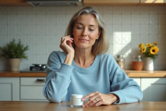 Femme élégante examine un pot de crème anti-ride dans une cuisine lumineuse