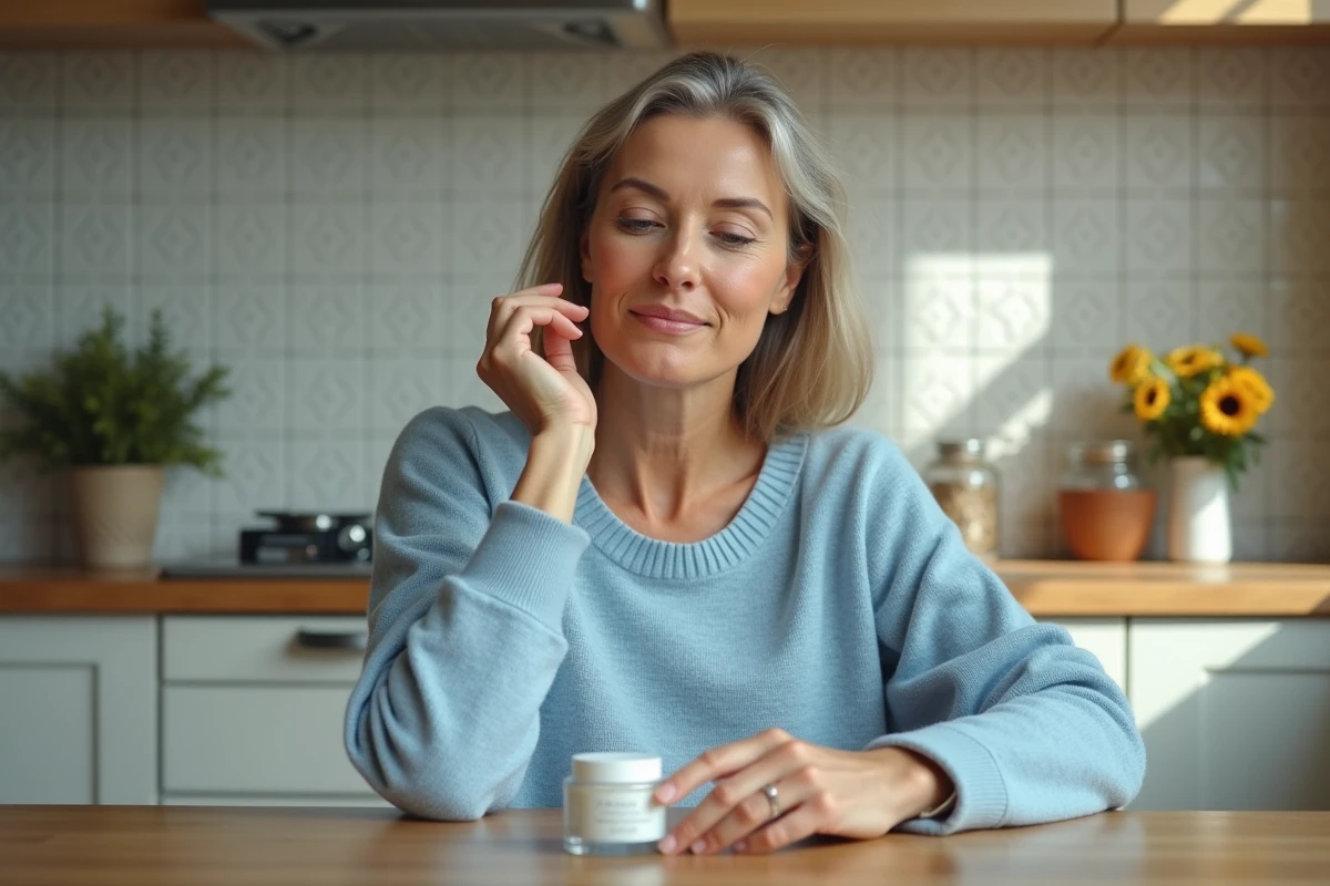Femme élégante examine un pot de crème anti-ride dans une cuisine lumineuse