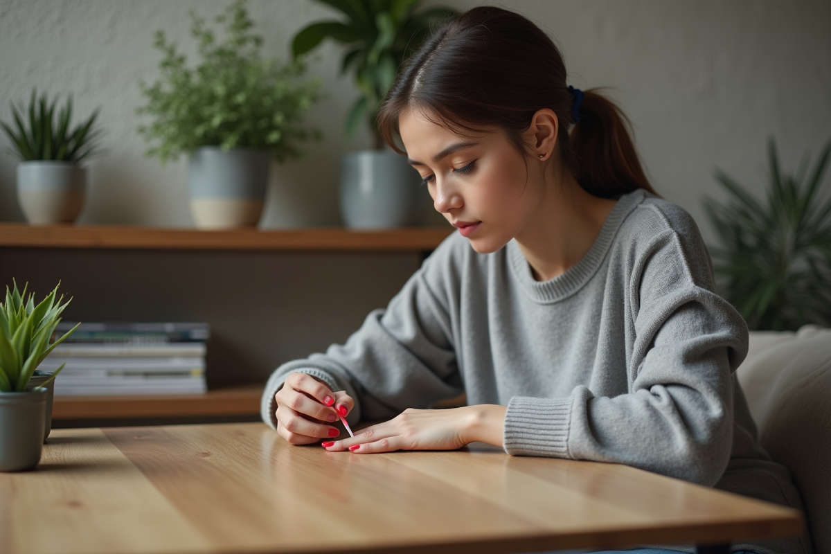 Femme appliquant du gel sur ses ongles dans un salon cosy