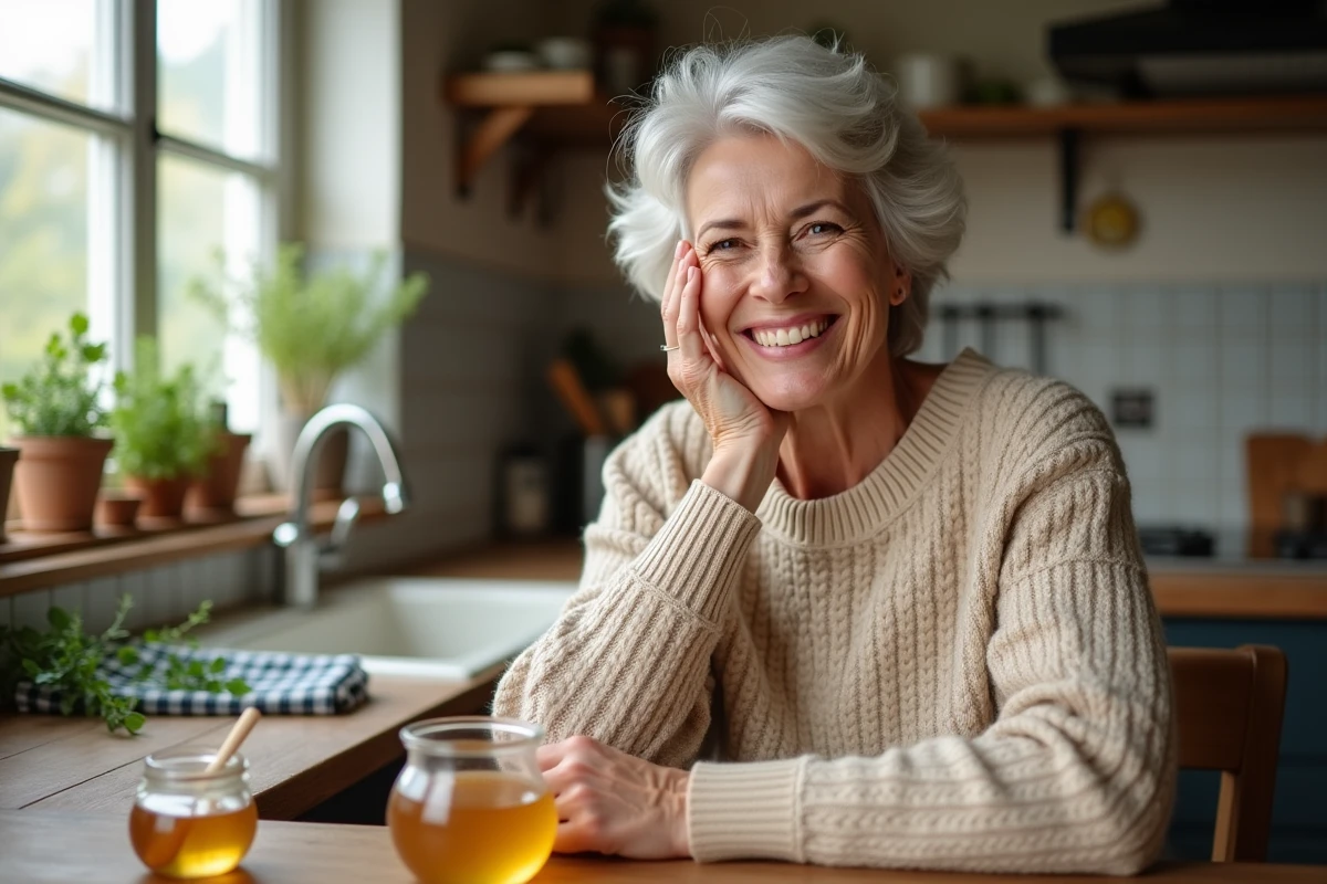 Femme souriante appliquant une creme maison sur le visage