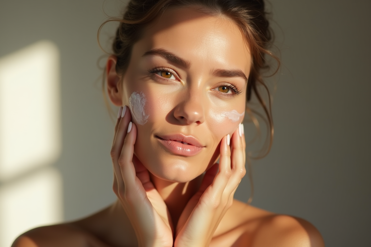 Femme appliquant crème sur son visage avec cicatrice visible