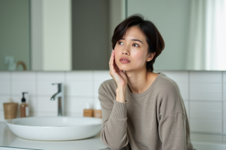 Femme examinant sa peau dans la salle de bain