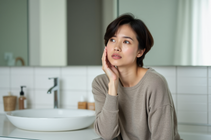Femme examinant sa peau dans la salle de bain