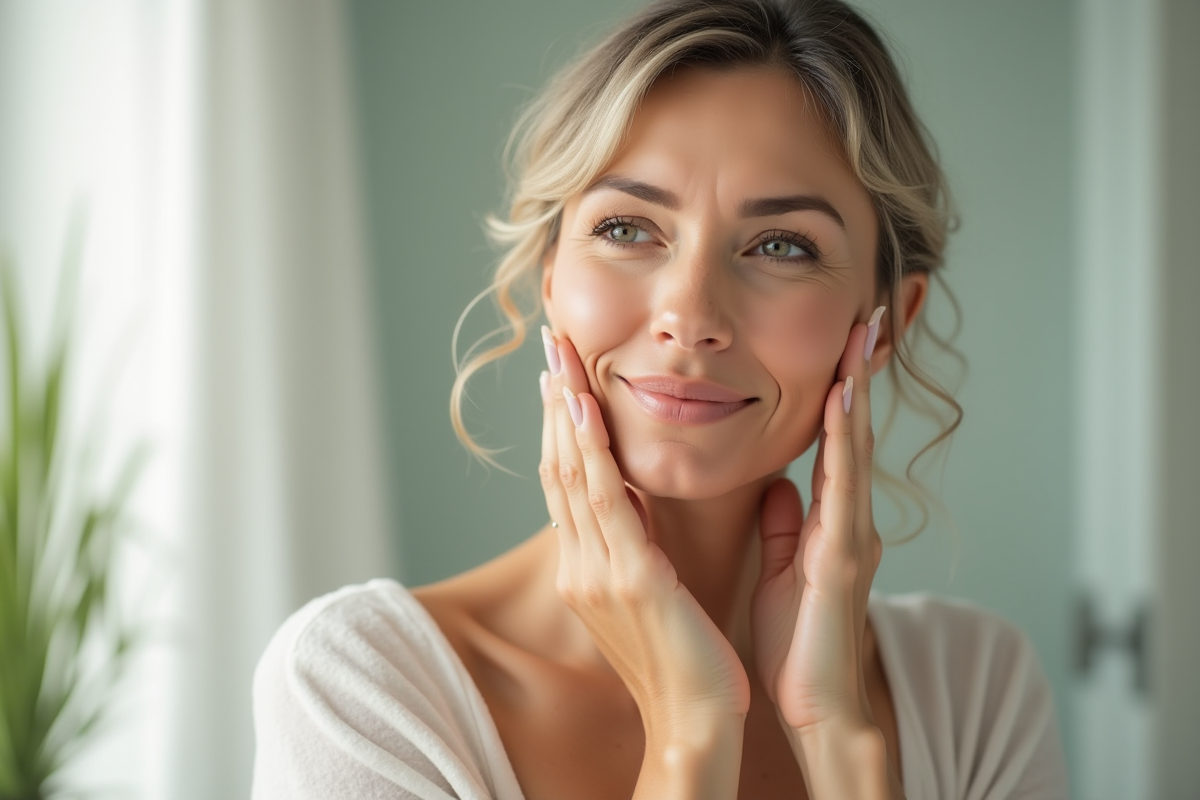Femme d'âge moyen se massant le visage dans une salle de bain lumineuse