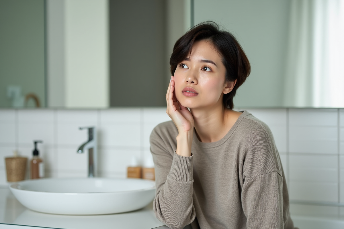 Femme examinant sa peau dans la salle de bain