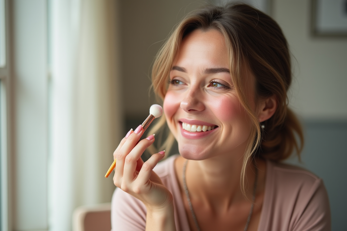 Femme souriante avec maquillage naturel et teint lumineux