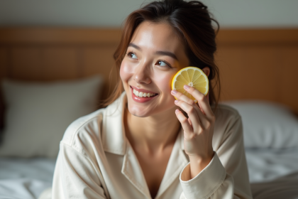 Femme souriante appliquant un citron sur la joue dans une chambre moderne