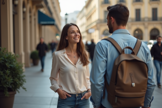Femme souriante en ville écoute un compliment