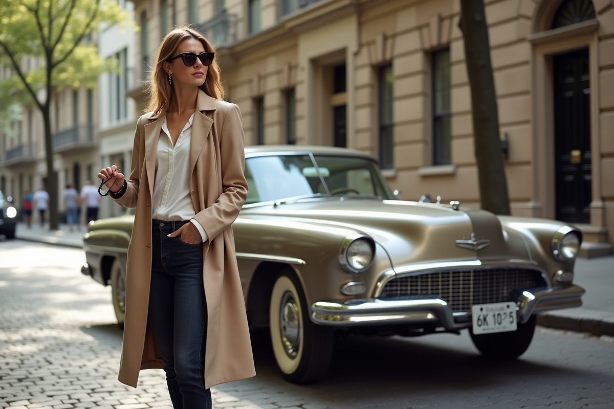 Femme élégante à côté d'une voiture américaine classique