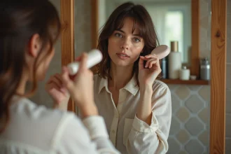 Femme coiffant sa frange dans une salle de bain chaleureuse