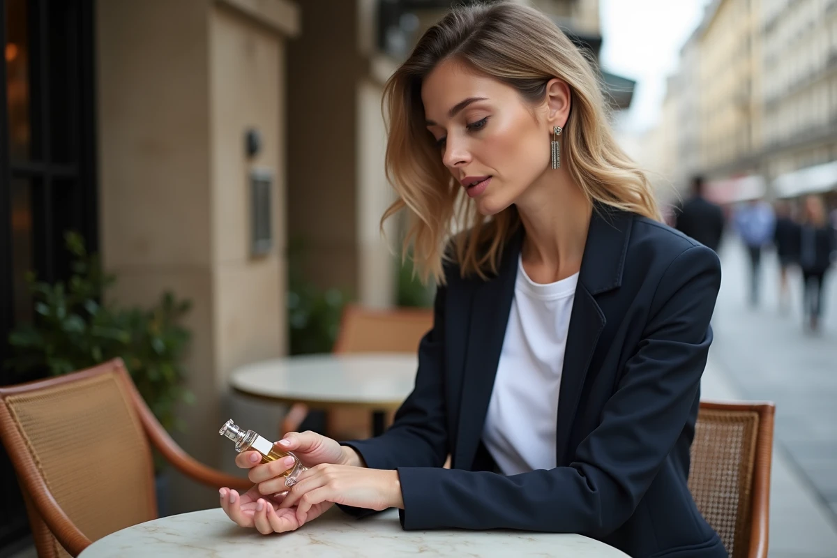 Femme testant un parfum dupe en terrasse de café parisien, évaluant la tenue du parfum sur la peau