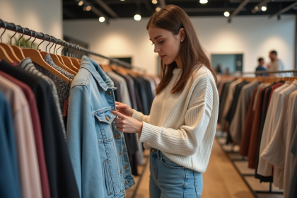 Jeune femme examine une &eacute;tiquette sur une veste de printemps