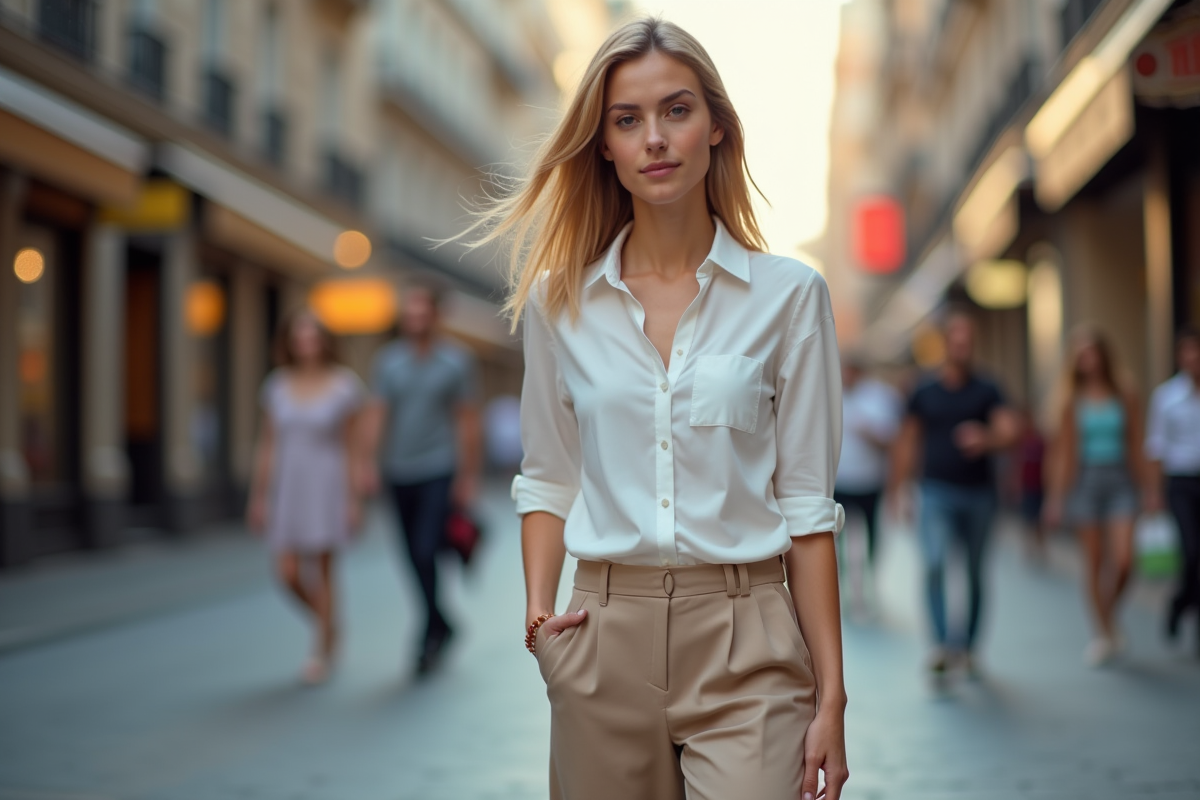 Jeune femme marchant dans la ville en pantalon large