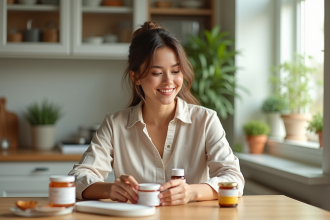 Femme souriante tenant vitamines et crèmes dans une cuisine lumineuse