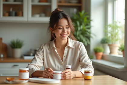 Femme souriante tenant vitamines et crèmes dans une cuisine lumineuse