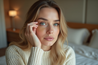 Femme appliquant un maquillage des yeux dans son miroir