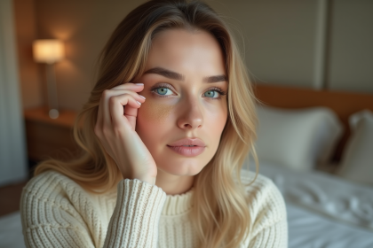 Femme appliquant un maquillage des yeux dans son miroir