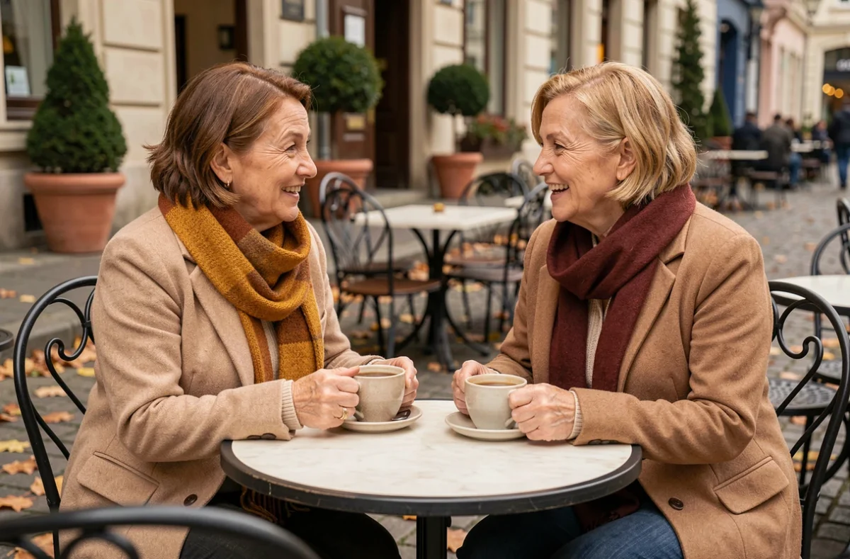 Deux femmes d'âge mûr discutant ensemble autour d'un thé en terrasse, représentant le partage et la solidarité féminine face aux changements de la ménopause