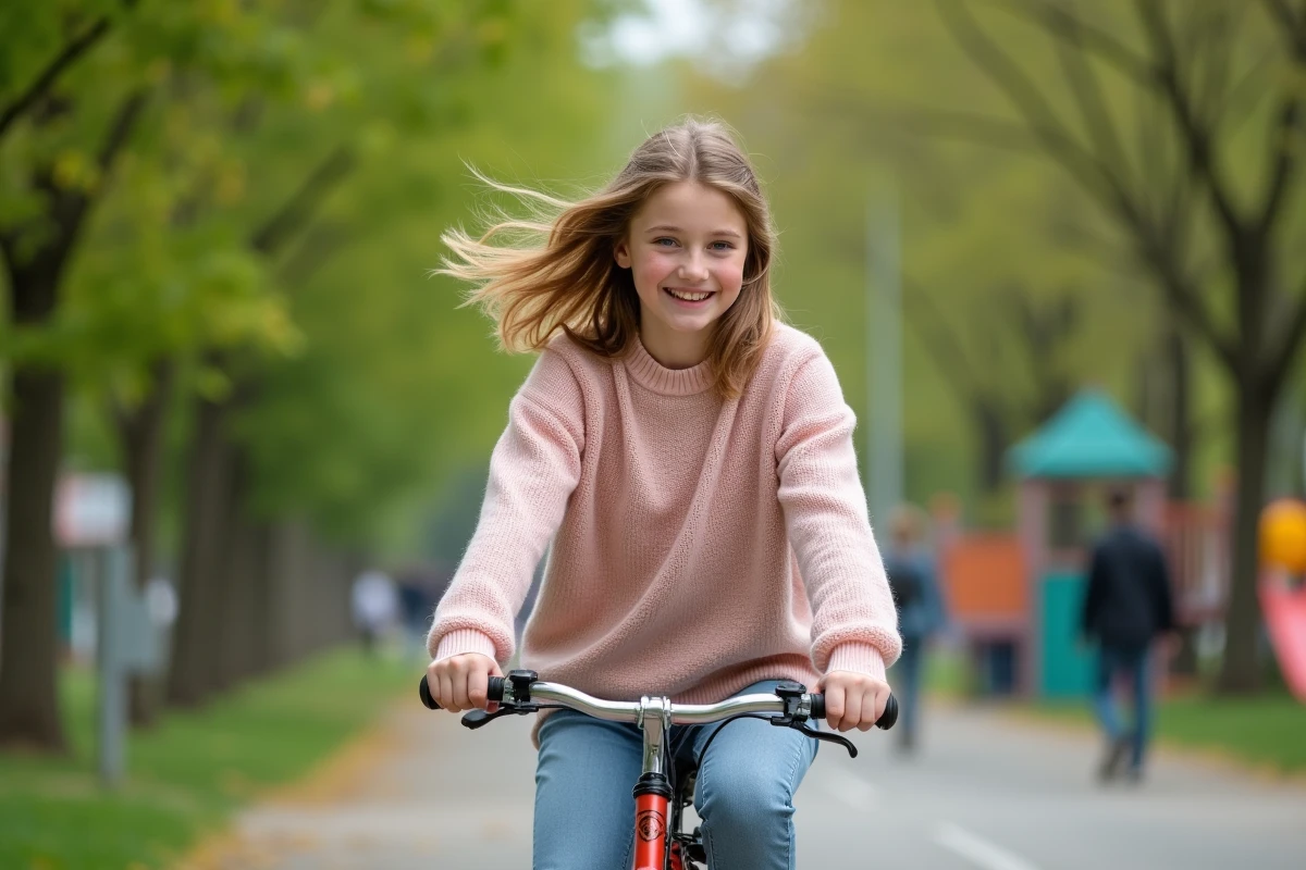 Fille avec un mullet en vélo dans un parc urbain