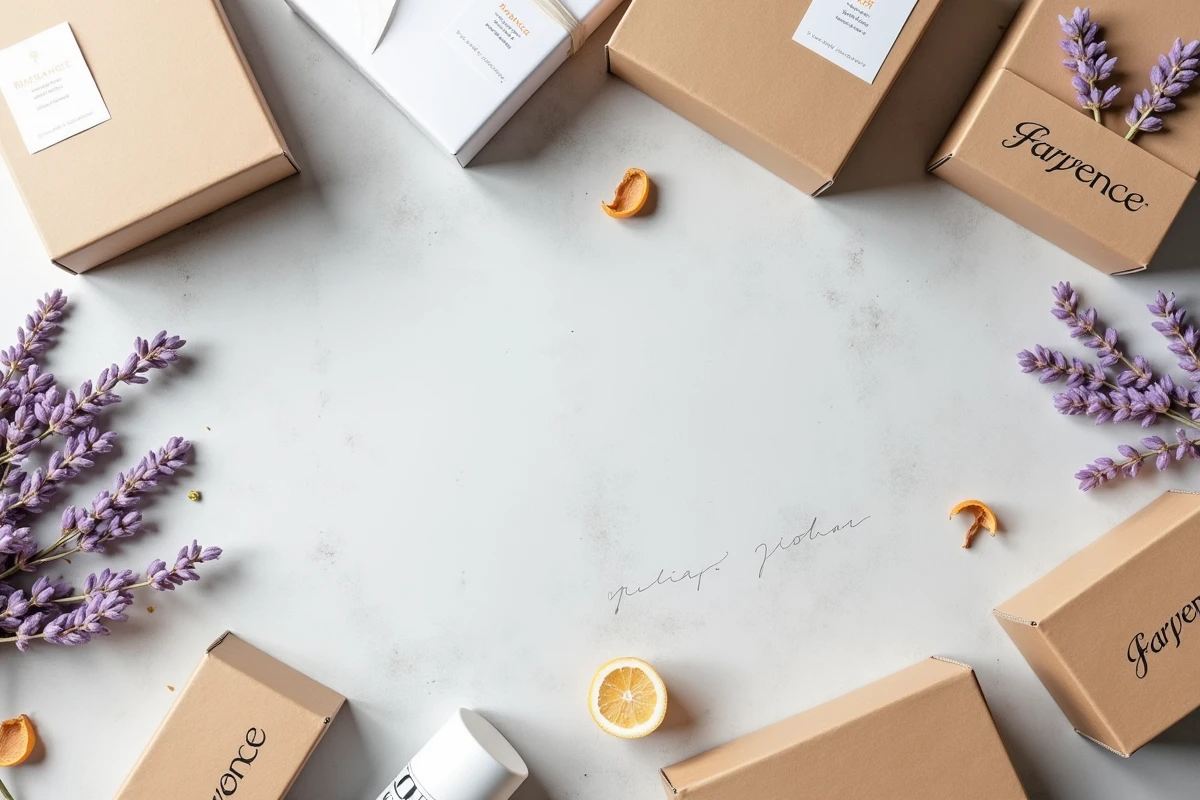 Présentation flat lay d'une boîte d'abonnement Fargance avec emballage kraft, botaniques séchés et carte manuscrite
