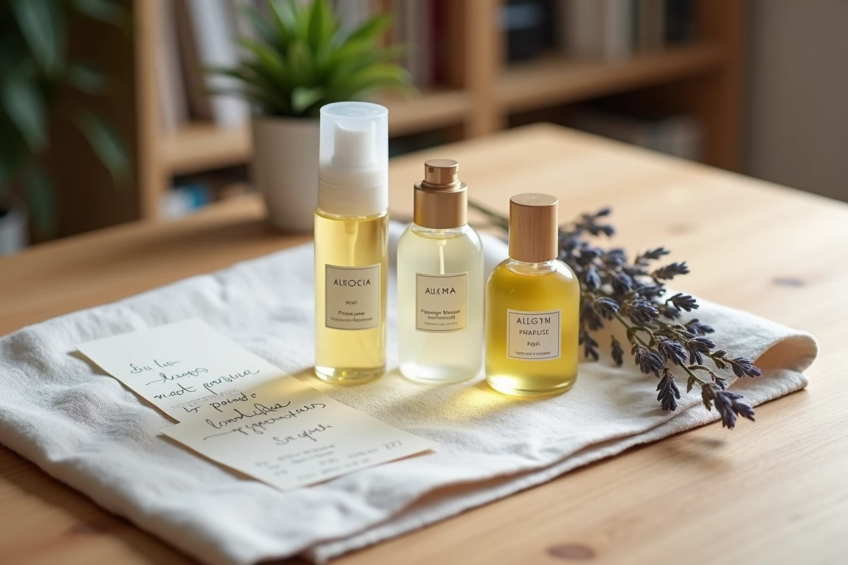Flat lay de plusieurs flacons de parfums dupe Adopt disposés sur une table en bois avec des notes de dégustation olfactive