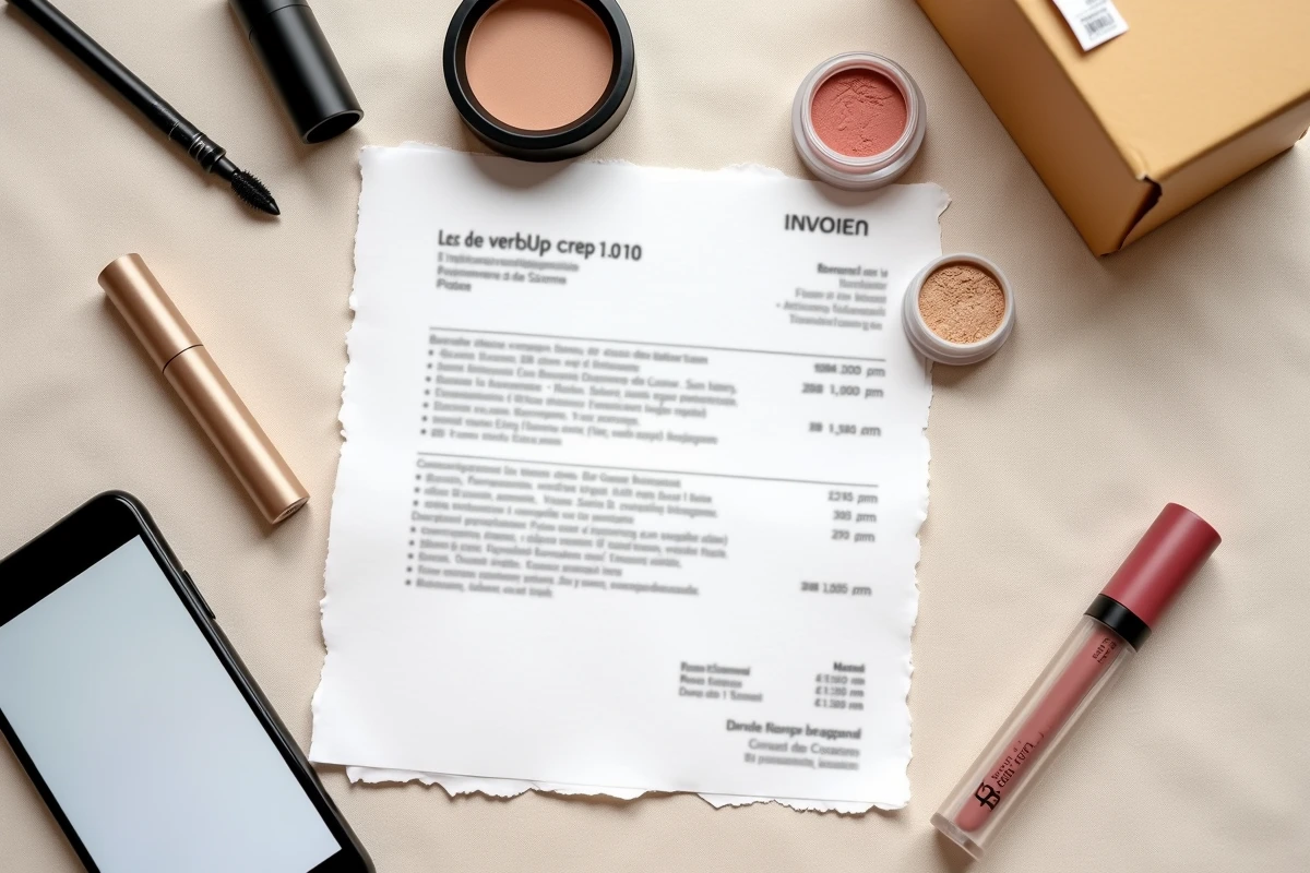 Flat lay de produits de maquillage bon marché avec facture de livraison Primor France et smartphone comparateur de prix