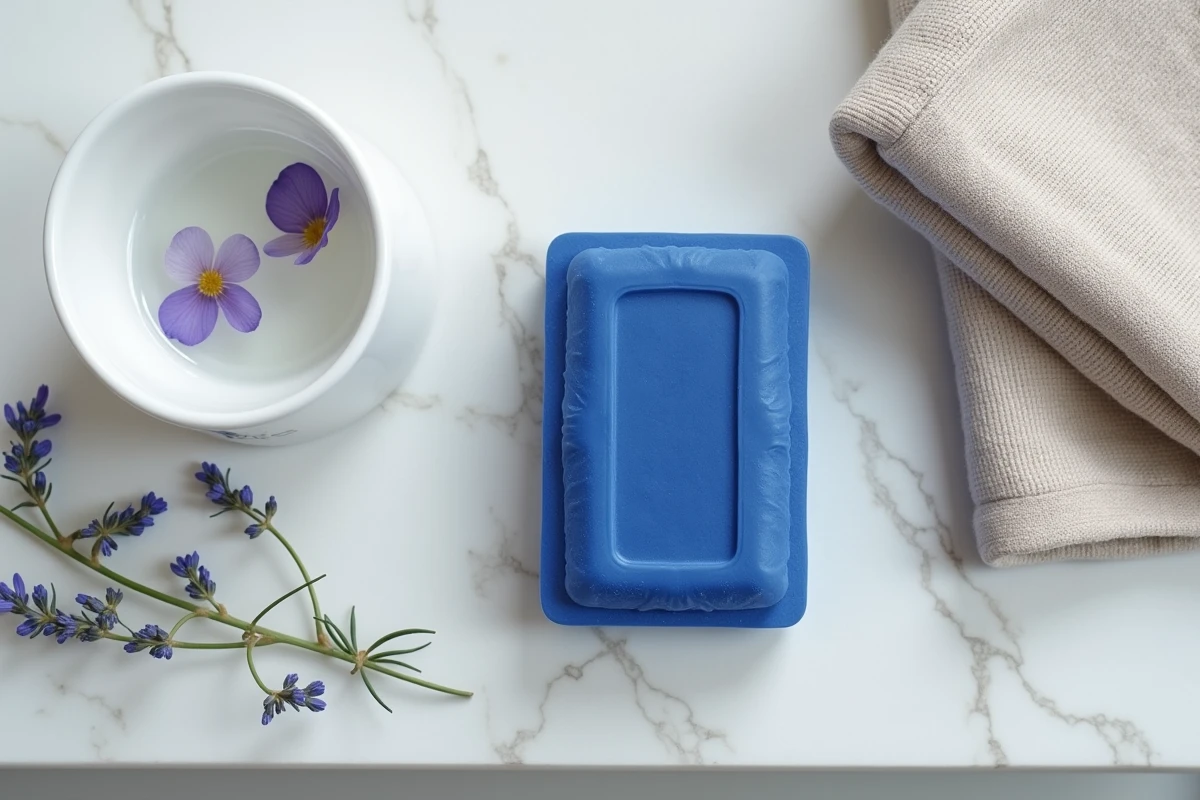 Flat-lay du savon Nila bleu sur une étagère en pierre avec accessoires de soin visage naturels