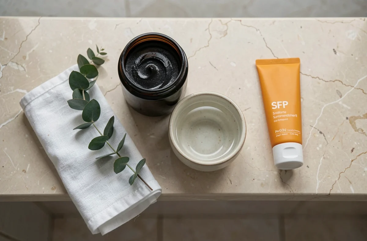 Flat lay de savon noir, crème solaire et accessoires de soin visage pour la routine beauté estivale