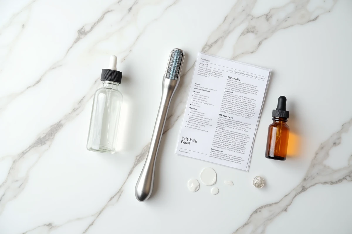 Flat-lay minimaliste d'un dermaroller et d'un flacon de minoxidil sur marbre blanc pour traitement chute de cheveux
